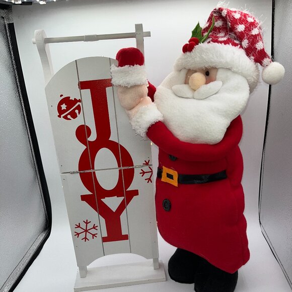 Lighted Santa & Wooden Joy Sled Red & White Plush Standing Santa Wooden sign - Picture 1 of 8